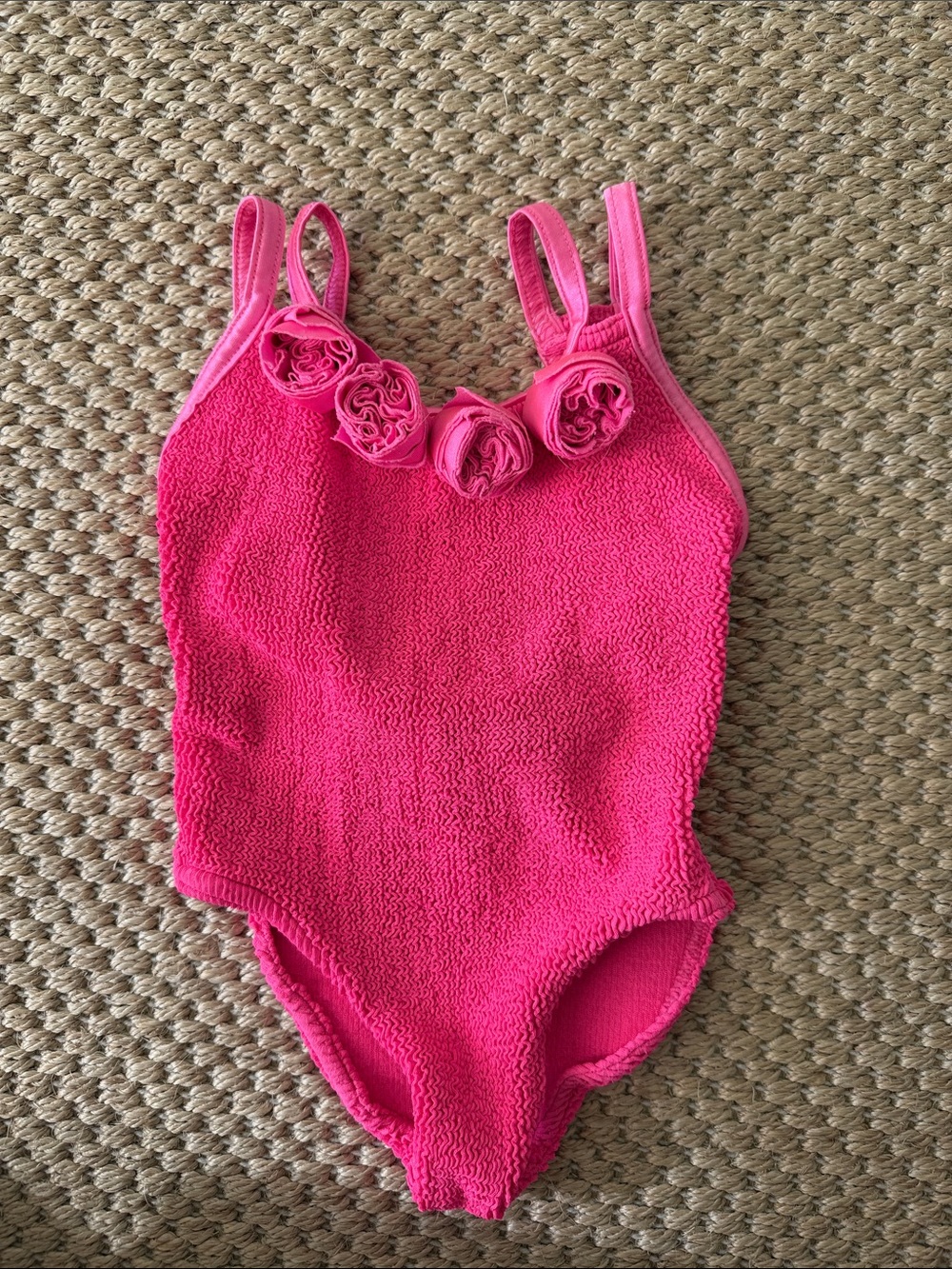 Hunza G Kids One-Piece Swimsuit in Hot Pink with Rosette Trim size Medium